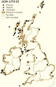 Map recording presence of cod around Britain and Ireland, 1529-1772