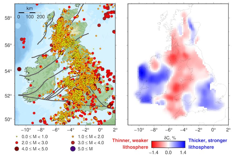 Two maps showing the location of earthquakes in Britain and Ireland on the left, and variations in lithospheric thickness on the right.