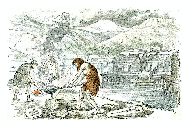 An illustration depicts a prehistoric bearded man pouring liquid into a mould. Two men in the background are gathered around a fire.