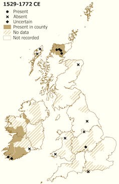 Map showing wolf sightings in Britain and Ireland, 1529-1772