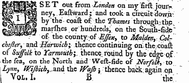 Page from A Tour Through the Island of Great Britain, by Daniel Defoe.