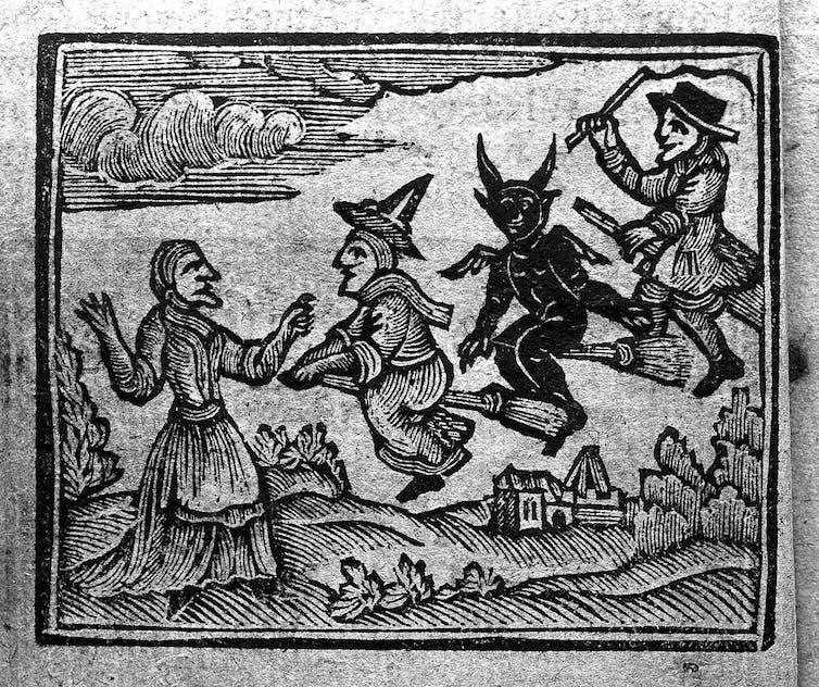 A woodcut of witches on broomsticks cavorting with the Devil.