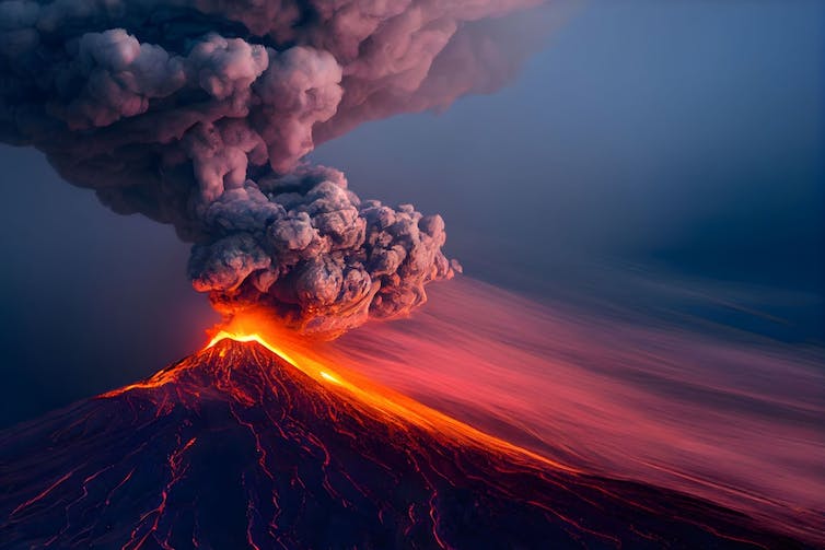 Illustration of a conic volcano in the distance spewing out an ash cloud