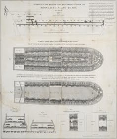 Drawings of the ships used by enslavers for the Middle Passage.